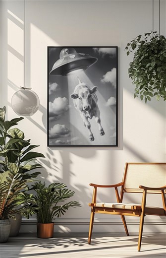 UFO Cow Abduction Poster | Alien Spaceship Hearts | Funny Farm Animal Art | Surreal Space Photo | Shipped Physical Art - Etsy