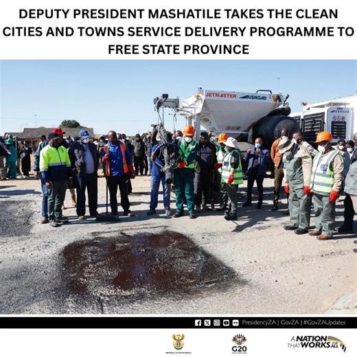 🎙️ | Deputy President spotlights the Clean Cities and Towns campaign in Matjhabeng Local Municipality near Welkom, in the Free State 🇿🇦 Launched last month in Gauteng, this national service delivery drive promotes cleaner, greener, and more inclusive spaces urging communities to unite for regular clean-ups across townships and villages. It is about more than cleanliness — it’s about community pride, volunteerism, and sustainable living. 🌱🏘️ #CleanCitiesCampaign #GovZAUpdates | South African