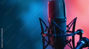 Studio condenser microphone recording audio in a room illuminated by neon lights, creating a vibrant and atmospheric setting for music production, podcasting, or voice over work