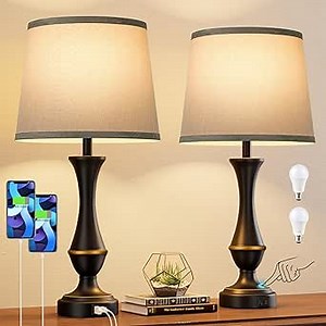 Seealle Upgraded Touch Lamps for Bedrooms Set of 2 - Nightstand Table Lamp with USB C+A, 3 Way Dimmable Lamps for Living Room(Grey)
