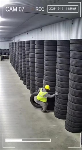 He pulled ONE tire… and unleashed a rubber tsunami. #cctv #warehousefail #dominoeffect #wtfmoment #fyp