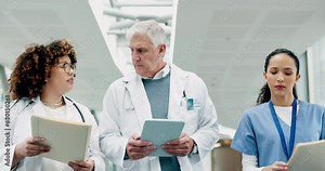 Paperwork, healthcare and doctors with a tablet, teamwork and digital plan with diagnosis, results and advice. Medical professionals, man or women in a hospital with telehealth or insurance documents