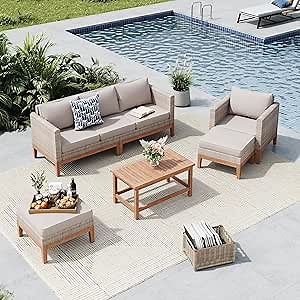 MFSTUDIO Wicker Patio Furniture Set, All Weather Rattan Outdoor Conversation Set with 2 Ottomans, 5 Pieces Patio Sectional Modular Sofa Couch Set with Wood Coffee Table, Beige Cushions