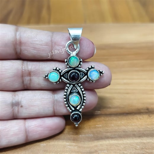 Opal Garnet Cross Pendant: Sterling Silver, Handmade Religious Jewelry - Etsy