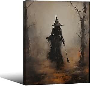 WBSTGUE Vintage Rustic Witch Posters Halloween Canvas Wall Art Witch in The Forest Painting Prints 08x10inch Framed Goth Dark Moody Wall Decor for Living Room Bedroom
