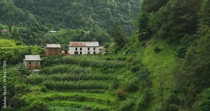 Chitlang village in Makwanpur showing vintage houses surrounded by farming fields and lush greenery. The scene reflects the serene and traditional farmer lifestyle of rural Nepal Drone shot