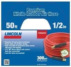 Lincoln 72N1250 50' x 1/2" ID Air/Water Nitrile Rubber Replacement Hose for 83754 Reel, 1/2" NPT Male Leak-free Brass Fittings, Kink Resistant, Meets PFAS-Free Regulations, UV Protective, Red/Black