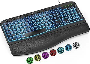 SABLUTE Ergonomic Backlit Keyboard with Wrist Rest, Wired USB Lighted Keyboard with 7-Color Adjustable Backlight