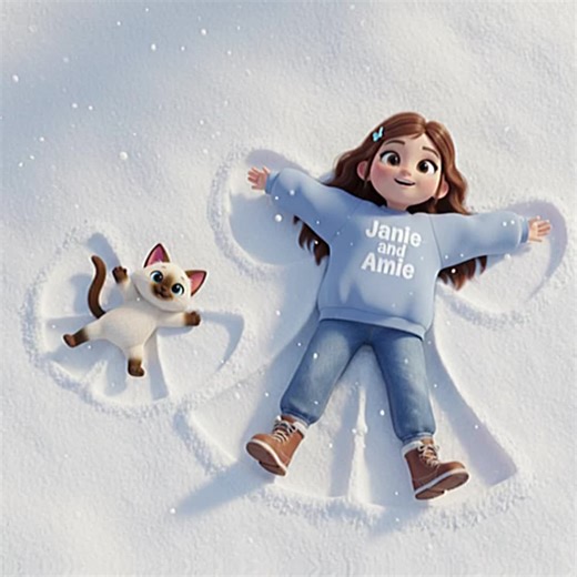❄️✨ Janie and Amie making snow angels… until Amie whoosh! flies away on a trail of magical stardust! 🌟🐱 Where is this star-kitty heading now?! 💫 #JanieAndAmie #MagicEverywhere #SnowAngelMagic #WinterWonder #KidsBooks