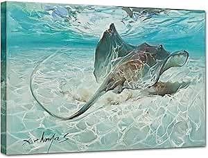 JZLDZS Large Ocean Wall Art Stingray Fish Canvas Print - Coastal Decor Manta Ray Artwork Pictures for Living Room Bedroom - Teal Nautical House Decorations 24x32 Inch
