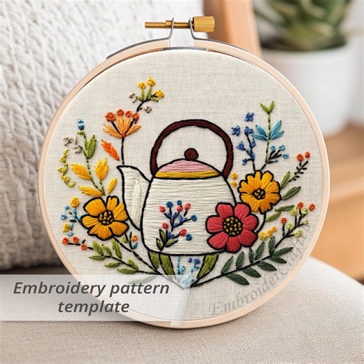 Floral Teapot Embroidery Template, Wildflower Tea Designs Pattern PDF, Cottagecore Hoop Art Digital Download - Etsy