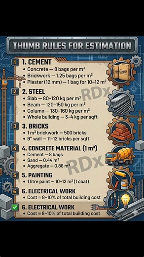Estimation made easy! 🏗️✨ ​Every Civil Engineer needs these Thumb Rules on their fingertips! 📝 Whether it's concrete, steel, or brickwork, use this cheat sheet for quick site calculations. 👷‍♂️📐 ​💾 Save this post for your next project! 👇 Which thumb rule do you use the most? Let me know in the comments! ​ #estimation #thumbrule #siteengineer #constructiontips #engineeringlife #civilengineering #DSE #civil #steel #Concrete #cement #construction #civilengineering #contractor #building #archi