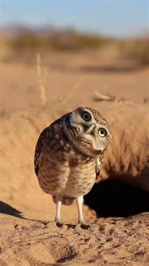 Burrowing Owl standing upright at head titled, Observing surroundings, Stays alert….#owl #owl。