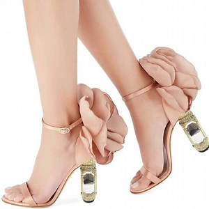 NIB FSJ Blush Satin Floral Sandals Crystal Decorative Heel Bridal Shoes