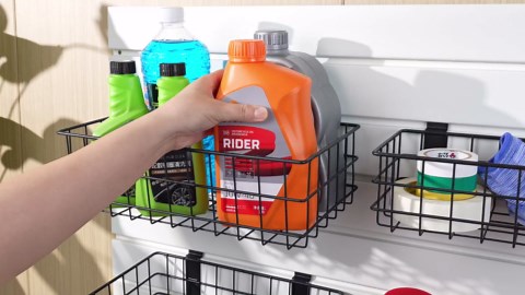 INCLY 4 Pack Black Slatwall Baskets Set, Ventilated Metal Hanging Storage Slat Wall Basket, Mounted Slatwall Accessories for Garage Rooms Shops Storage Organizing Display on Slatwall Panels