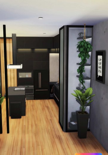 Modern kitchen with a wine cabinet and a cozy nook under the stairs✨Warm tones, soft light and realistic details make this space feel so calm🌿 #sims4build #sims4 #thesims4 #thesims4tutorial #sims4buildingtips