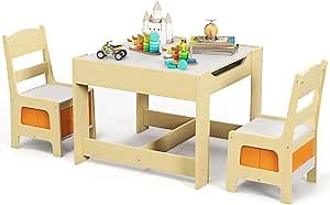 Costzon Kids Table and Chair Set, 3 in 1 Wooden Activity Table with Storage Drawer, Detachable Tabletop for Children Drawing Reading Art Craft, Playroom, Nursery, Toddler Table and Chair Set, Natural