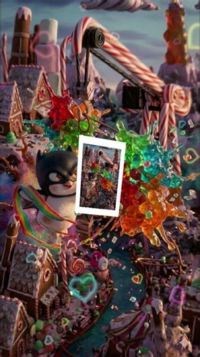 Tiny Batman stalks a marshmallow Penguin through a frozen peppermint soda harbor district #3dchibi