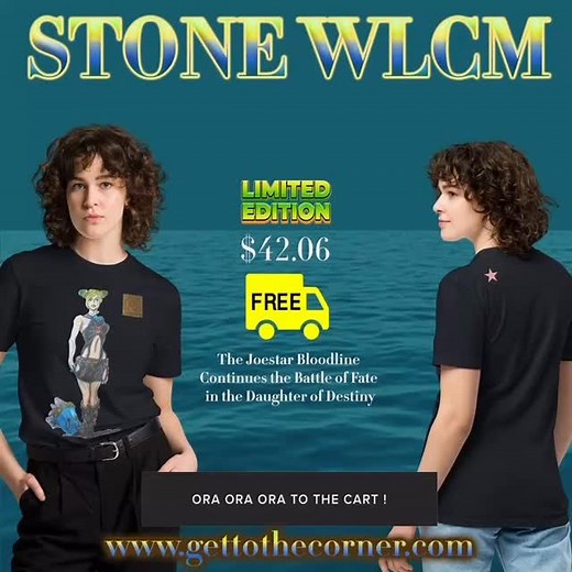 STONE WLCM the beautiful Jolyne inspired shirt by WELÇOME©: hand drawn graphics Click Here to Shop: gettothecorner.com/welcome/stonewlcm … — jojo’s bizarre adventure, jojo part 6, jojo, jolyne kujo, jotaro kujo, father pucci, all star battle r, jojolands, streetwear, anime , urban outfitters, | Get To The Corner