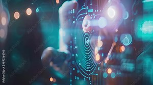 Persons hand engages with digital screen for biometric authentication purposes, Illustrate the use of biometric authentication in ensuring cyber security