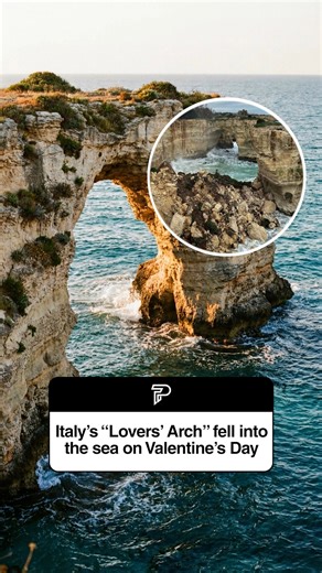 Italy’s iconic "Lovers’ Arch" fell into the Adriatic Sea on Valentine’s Day after days of heavy storms and seas worn away its rocky base. The natural rock formation off the coast of Sant’Andrea in Puglia had long been a symbol of romance and a favourite spot for couples and visitors. Severe weather with strong winds, heavy rain and rough seas damaged the fragile structure over several days, and when it was seen missing on the morning after February 14, locals realised the arch had collapsed into