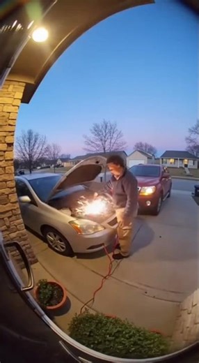 Car Battery Sparks in Driveway 😱 | Doorbell Cam #Shorts