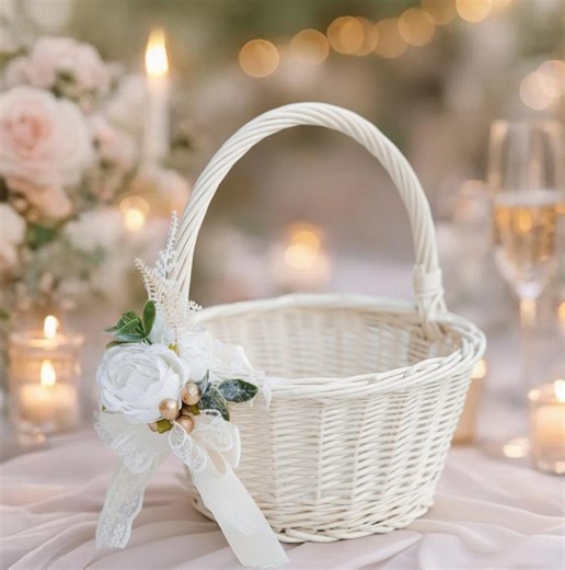 Wedding Flower Basket, Wicker Flower Girl Basket, White Flower Girl Basket,rustic Wedding Basket,ceremony Flower Basket,wedding Petal Basket - Etsy