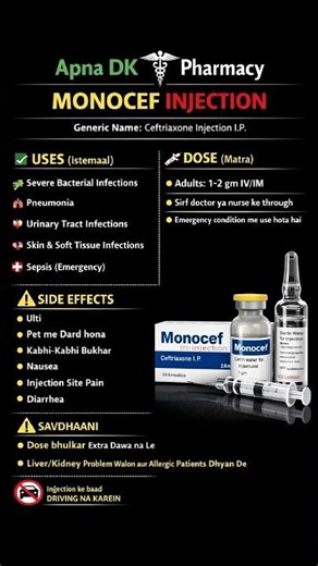 Monocef injection use and side effects for dosage Hindi to English #trending