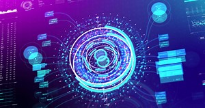 3D Rendering head up display interface futuristic cyber concept, with shallow depth of field effect, dark and grain processed