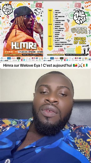 Himra sur weLove Eya 2025 🔥 Himra sera en concert le 30 et 31 décembre 2025 au parc d'exposition à Abidjan et tous les ultras sont invités à prendre leurs tickets en profitant des 25% de réduction. Nous faisons confiance aux ultras européens pour le solde out du concert de Himra au zénith de Paris.