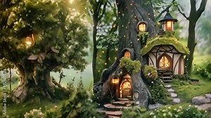 Two fairy houses nestled among trees in a lush forest setting, Enchanting fairytale landscapes with magical elements