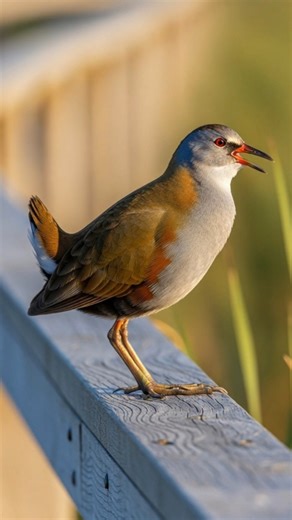 At first light I heard a series of low, rhythmic rolling clucks and soft croaks coming from the marsh railing — the unmistakable call of the **white-browed crake**. This clip captures the bird perched on a marsh boardwalk railing, gently pulsing its neck and puffing brief breast ruffles while producing a steady, rhythmic call sequence. If you’re here for field-recorded bird calls or authentic dawn marsh sounds, this is raw, unedited audio recorded in proximity — a rare chance to hear the subtle 