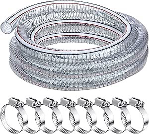 Frienda Heavy Duty Steel Wire Flexible Tubing with Fasteners PVC High Pressure Oil Drain Hose Tube Clear Wire Reinforced for Pond Marine Bilge Pump Garden Pool Vacuum Suction Hose(16.4 Ft, 1 Inch Id)
