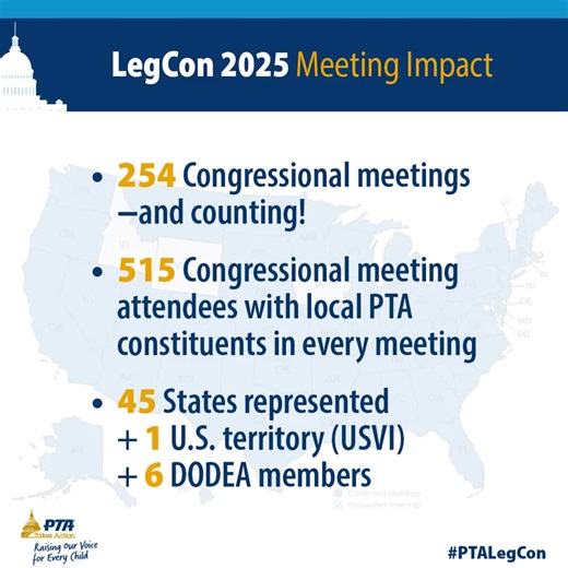 LegCon 2025 was a powerful and energizing event that brought together our PTA advocates, lawmakers, and parents with a shared mission, to push for positive change in education and public health policy. This year’s conference welcomed over 600 attendees for 3 days of advocacy workshops, legislative meetings, and a highly anticipated Hill Day. Advocates flooded the virtual halls of Congress to meet with their Senators and Representatives and raise their voices for every child. Hill Day was an oppo