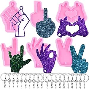 MIYAHOUSE Hand Keychain Silicone Molds Epoxy Resin Mold Keychain Jewelry Resin Casting Molds with 20pcs Key Rings for Polymer Clay Mold Resin Crafting Making Set of 26