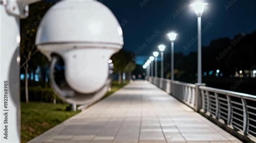 A white dome security camera monitors a brightly lit walkway at night for safety and protection.