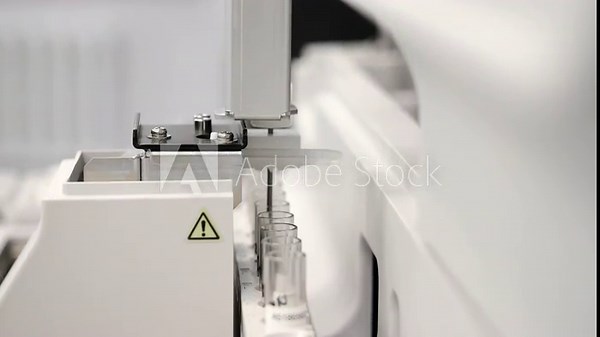 Automatic laboratory analyzer performs precise movements and sample testing during biochemical analysis in modern medical laboratory environment.
