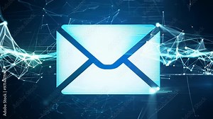 Glowing digital envelope in futuristic network with blue connections and data flow