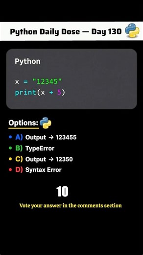 𝗣𝘆𝘁𝗵𝗼𝗻 𝗗𝗮𝗶𝗹𝘆 🐞 Type Conversion Trap Looks easy… but Python won’t let this slide 👀 👇