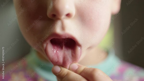 Slider reveal shot of a child showing the painful ulcer in his mouth, aphthous