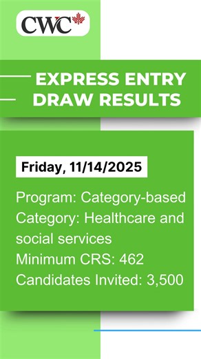 CWC IMMIGRATION SOLUTIONS on Instagram: "🚨 BREAKING NEWS: IRCC holds the Express Entry draw for Healthcare & social services and invites 3500 Candidates. 📅 Date: November 14, 2025 🌐 Category: Healthcare & social services 🎯 Minimum CRS score: 462 👥 Candidates Invited: 3500 📞 Contact/visit us today for a FREE ASSESSMENT! 📲 Surrey: +1 (604) 598-5555 📲 Brampton +1 (905) 670-4444 💬 WhatsApp: +1 (604) 316-1111 📧 Email: info@cwccanada.com 🌐 Website: www.cwccanada.ca #ExpressEntry #ExpressEnt