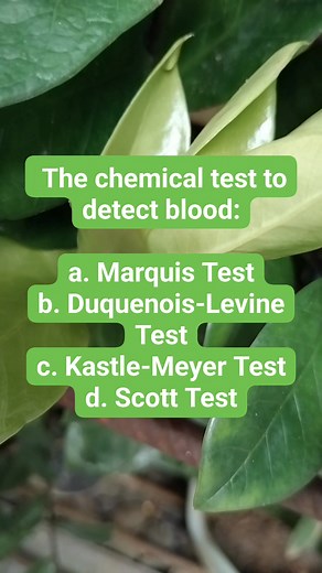 The chemical test to detect blood: a. Marquis Test b. Duquenois-Levine Test c. Kastle-Meyer Test d. Scott Test The answer is option c: the Kastle-Meyer Test. This chemical test is used to detect the presence of blood. It is performed by applying a few drops of phenolphthalein solution to the suspected bloodstain, then adding hydrogen peroxide. A pink color change indicates a positive result, meaning blood is likely present. #ForensicScience #BloodDetection #KastleMeyerTest #CrimeSceneInvestigati