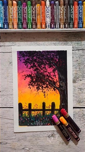 Sunset Scenery Drawing | Easy Oil Pastel Art for Beginners #shorts