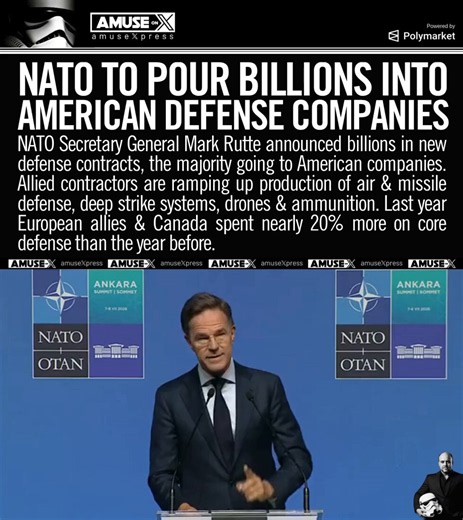 NATO: Secretary General Mark Rutte announced billions in new alliance defense contracts, the majority with American companies producing air defense, deep strike systems & drones. Thanks to Trump's insistence, European allies & Canada spent nearly 20% more on core defense last year. They are on a trajectory to equalize their spending with the US.