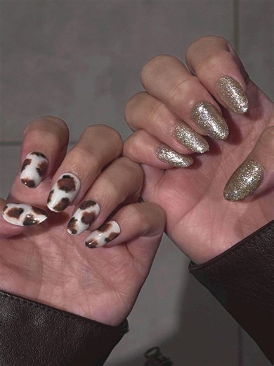Gold Cow Print Glitter Press on Nails | Curated Pairing | Handmade Gel False Nails - Etsy
