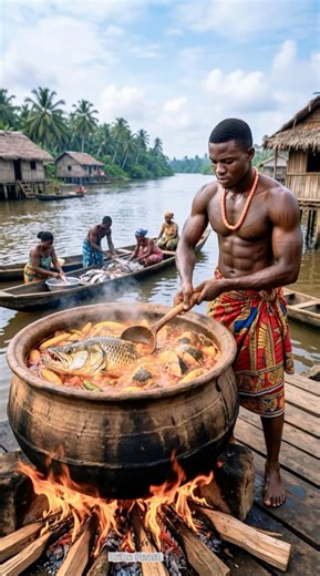 Giant Tigerfish Pepper Soup 🐟 | Ijaw Tribe #tribalfood #shorts #tribefeast