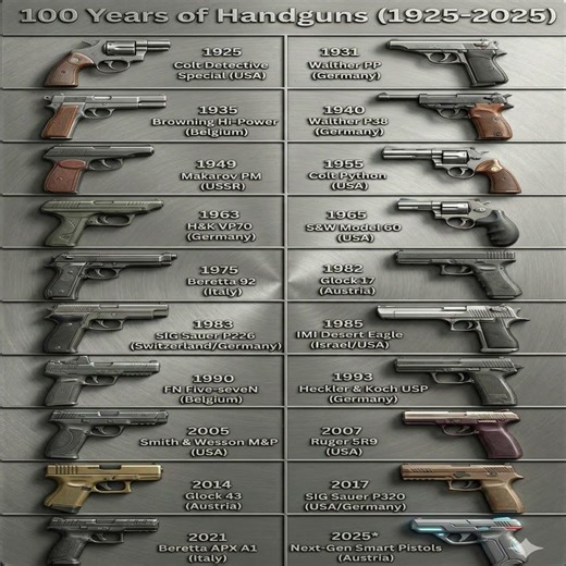 100 Years of Handguns A Visual Timeline 1925 2025