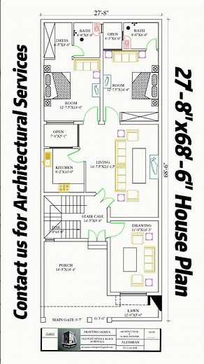 27' 8 x 68' 6 Modern House Plan Full Layout & Dimensions Explained