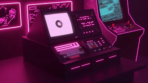 A Nostalgic Journey Through Retro Gaming: A Vintage Computer Terminal Glowing in Vibrant Neon Pink Amidst Classic Arcade Machines | Premium Stock Video Footage