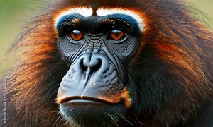 A close up of a monkey's face with a red and black mane. The monkey has a black nose and a black mouth